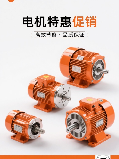 一张电机促销宣传单，画面中同时展示三个不同型号的橙色电机，电机表面有金属光泽和细节纹理，背景为简洁的白色，上方有“电机特惠促销”的标题文字，下方有“高效节能·品质保证”的宣传语，整体设计具有现代感和商预览效果