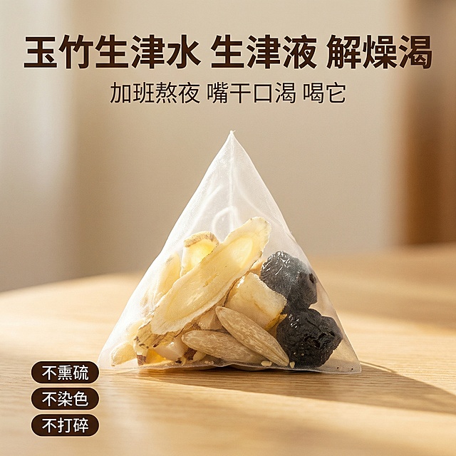 [主图主题] 玉竹生津养生茶包首图
[氛围/风格] 自然温暖风，适合上班族养生，干净通透，有食欲感
[画面元素] 三角茶包斜放在浅色木质桌面，茶包清晰展示内部玉竹、麦冬、雪梨等原料，背景为柔和浅米色，自然暖光从左侧照射，呈现原料通透质感，画面干净主体突出
[配色色系] 主色调：原木浅米色，辅助色：原料自然浅黄色、深黑色乌梅
[视角构图] 平视角度，主体占据画面中心约60%，景深适中
[文字版式] 主标题 "玉竹生津水 生津液 解燥渴"，字体为粗大无衬线，深棕色居上；副标题 "加班熬夜 嘴干口渴 喝它" 字体稍小，浅棕色在主标题下方；左下角三个胶囊标签 "不熏硫 不染色 不打碎"，字体为白色，深棕底，大小适中。文字均不遮挡产品主体，布局舒适。
[比例分辨率] 2k分辨率