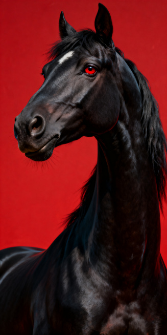 世界超写实油画大师杰作，超写实精致画风，小森隼人的风格，纯黑马头部特写，侧边微微抬头，突出纯黑良种马的头部线条、绸缎般的细腻毛发质感，眼睛呈现鲜艳红色，眼神犀利，华伦天奴红纯色背景，画面具有强烈视觉冲预览效果