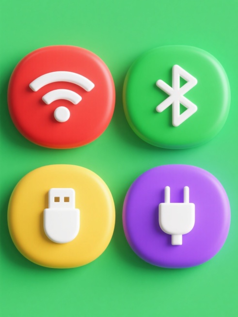 一组四个规整排布的系列素材集合，每个素材均为具有光滑3D质感的椭圆形图标，采用纯色背景，图标表面有微妙的渐变高光和阴影效果，整体呈现简洁现代的UI设计风格。第一个图标为红色背景上的白色Wi-Fi信号符号，第二个为绿色背景上的白色蓝牙符号，第三个为黄色背景上的白色USB符号，第四个为紫色背景上的白色充电插头符号，所有图标大小一致，排列整齐，色彩鲜明且风格统一。预览效果