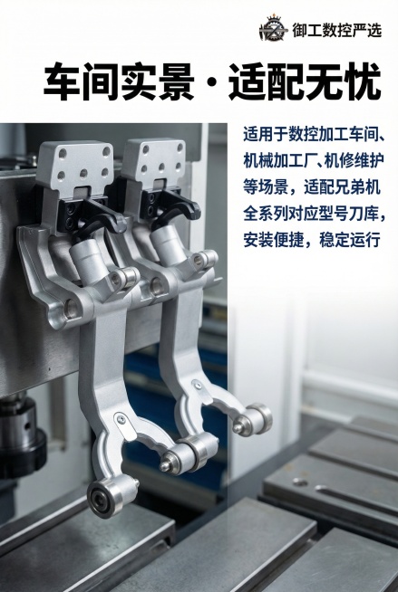 2:3竖版电商详情图，工业科技风，严格还原上传的数控刀库刀夹产品图，包括包装设计、颜色、LOGO位置、文字内容、图案元素等所有细节；产品外观必须与参考图完全一致，不得改变包装设计、配色方案或品牌元素；预览效果