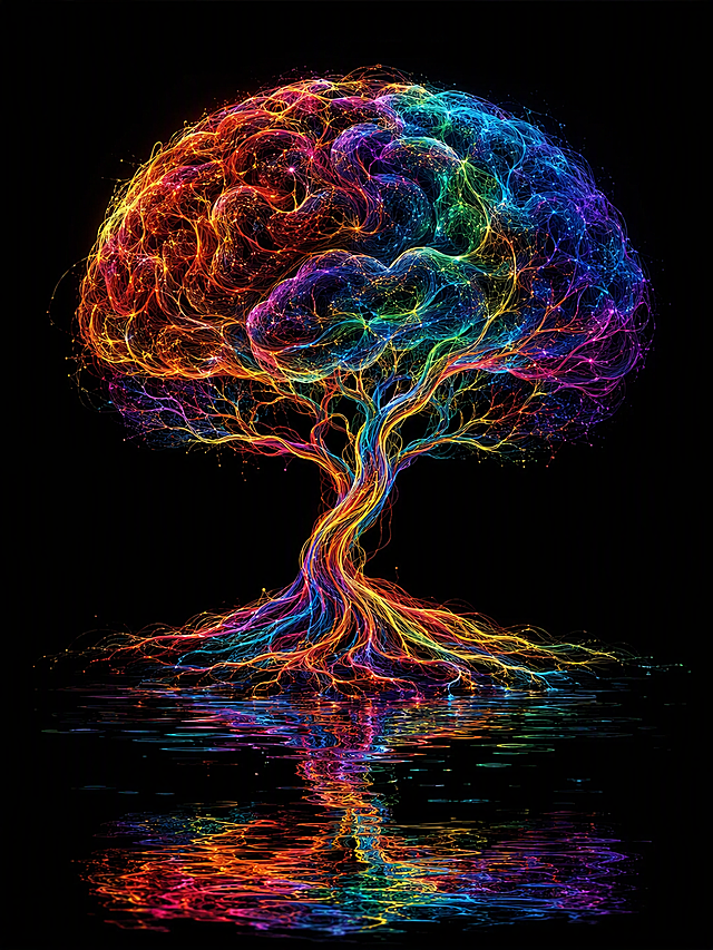 参考图中彩色神经纤维线构成大脑的艺术风格，生成一棵大树与大脑融合的抽象艺术作品，树冠部分由大脑形态构成，树干和根系由彩色神经纤维线条延伸而成，红橙黄绿蓝紫多彩渐变的丝线缠绕交织，黑色背景，水面倒影，大师级艺术创作，超精细细节，震撼视觉效果，抽象超现实主义风格