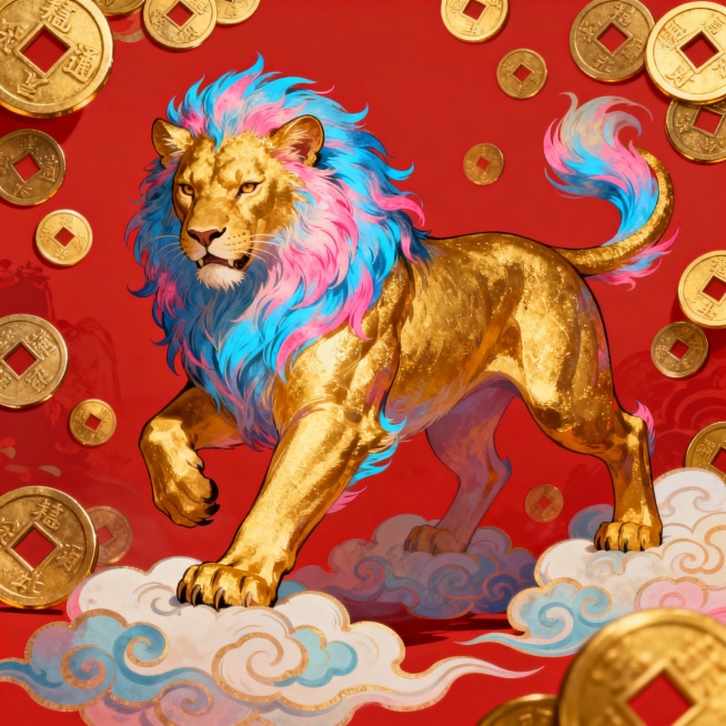国潮风格的生肖虎，红色背景，金色铜钱围绕，动物主体为金色，毛发带有蓝粉渐变，姿态霸气，脚下有祥云预览效果