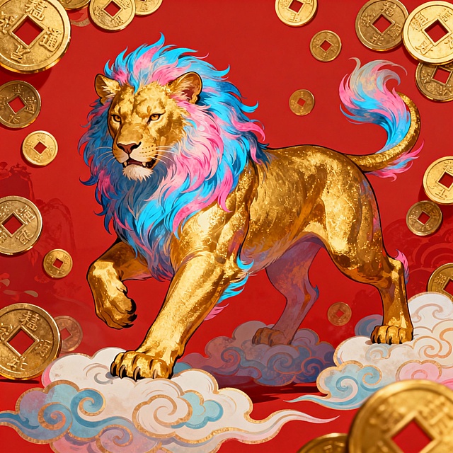 国潮风格的生肖虎，红色背景，金色铜钱围绕，动物主体为金色，毛发带有蓝粉渐变，姿态霸气，脚下有祥云