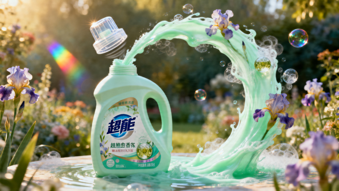 15秒影视广告，超能植愈香氛洗衣液2kg大瓶，透明瓶盖高速旋转向上跃起，淡绿色洗衣液流线型喷涌，裹挟鸢尾花瓣与精油汽包，弧形液体屏障，中心对称构图，黄金时刻柔光侧打，彩虹光斑折射，莫奈花园虚化背景，电预览效果