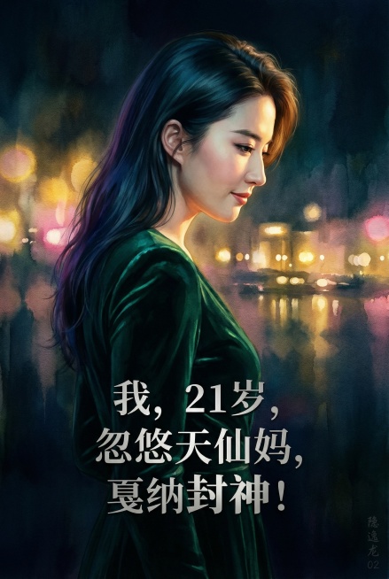 将人物改为侧脸，皮肤通透，眼神疏离，身着有光泽感的墨绿色丝绒长裙，微微低头，唇角带若有若无的笑意；背景替换为水彩晕染效果的戛纳夜景，灯光化成金色、粉色光晕，人物站在光影交界处，一半暖光一半冷调；整体为预览效果
