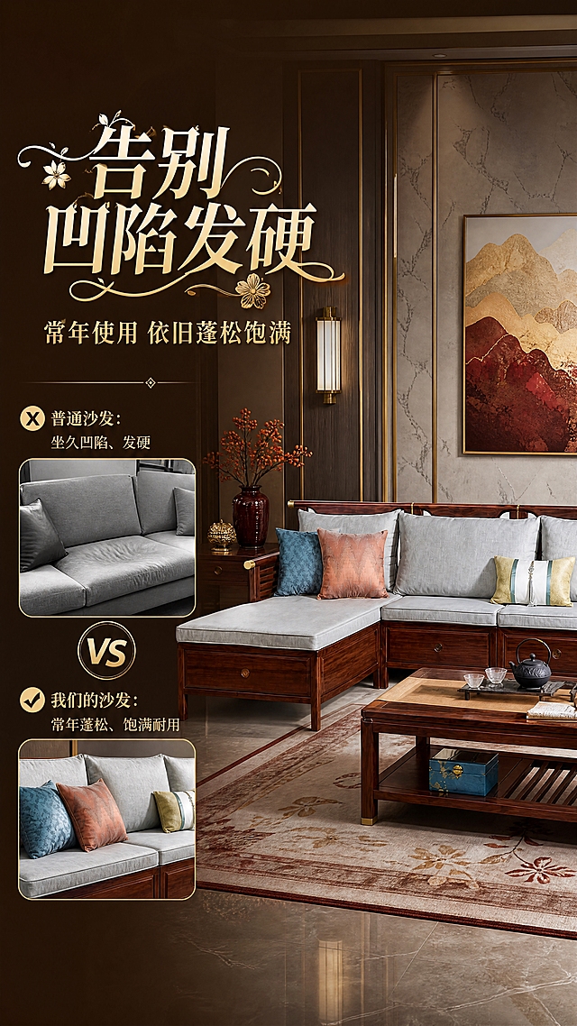 [第5张] 卖点深化页-告别凹陷发硬常年蓬松饱满。本张使用【图1】作为商品主体，保持产品结构、比例、颜色、材质完全一致。
[氛围/风格] 新中式轻奢奢华风，对比突出卖点，高级商业摄影，无人物。
[元素布局] 沙发位于画面右侧，占比约50%；背景为新中式会客厅场景，有大理石墙面、金属装饰条、艺术挂画、高端地毯、边几、花艺摆件等丰富奢华元素；左侧文案区用对比方式呈现普通沙发凹陷问题与本产品饱满状态的差异，不展示内部结构。
[光影质感] 右侧产品区明亮打亮，突出沙发饱满蓬松的质感；左侧文案区有层次光影；整体高级有质感。
[配色色系] 全局底色深咖色渐变；主色深胡桃木+浅灰；辅助色金色、酒红、米白；色调统一奢华。
[视角构图] 正面视角，左右分栏构图，左文右物。
[文字版式] 左侧主标题用艺术花体字「告别凹陷发硬」，字体有力量感装饰；副标题「常年使用 依旧蓬松饱满」；下方分两组对比文案「普通沙发：坐久凹陷、发硬」「我们的沙发：常年蓬松、饱满耐用」；艺术字设计感强，有花样装饰，文字清晰可读。
[比例分辨率] 9:16竖版比例，4K分辨率，文字清晰可辨，高清画质。
[负向提示词] 产品变形，拉长压扁，缺件错件，结构错误，颜色偏差，人物，内部结构，水印，文字错乱，文字过小。