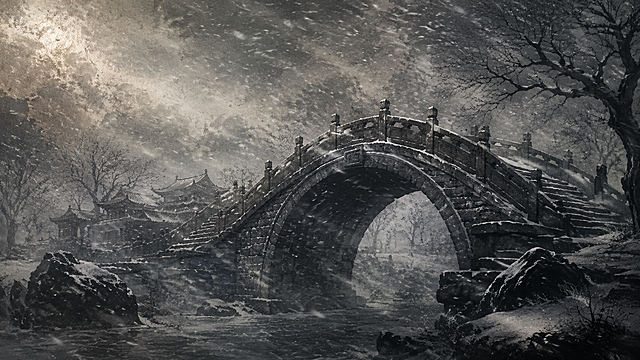 黑白剪纸+复古油画融合风格，颗粒感胶片质感，风雪交加的古石桥场景，寒风飞雪漫天，石桥古朴沧桑，低饱和度黑白灰调，历史氛围感，动态雪花粒子特效，电影级柔和侧逆光，8K，纯场景构图，光影暗沉萧瑟，颗粒纹理细腻，无人物，无战争元素