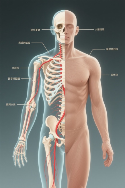 正面人体，左侧身体半透明显示内部骨骼结构和红色经络走向，右侧为正常皮肤覆盖的人体，两者自然融合在同一身体上，医学插画风格，清晰标注经络名称，骨骼细节准确，光线柔和，色彩对比鲜明预览效果
