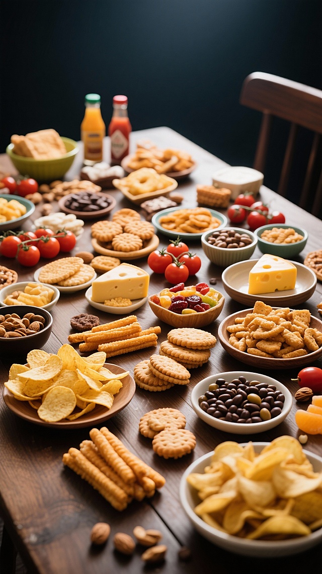 实景感与光影交织，木质餐桌铺陈丰盛零食，质朴温馨中透出清新美食风，3D质感强化细节，重拟物手法还原真实触感。