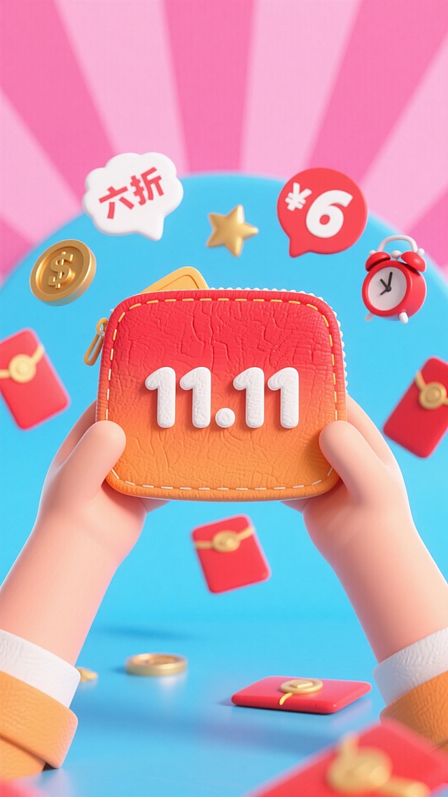 主体是从左右俩侧伸出两只肉色的手托起红橙色渐变的粘土钱包。钱包上面有白色立体“11.11”字样。钱包周围向心状环绕着很多元素：一个红包；很多红色底白色“六折”字样的价标，很多金币，一个红白配色的闹钟，很多金色星星元素。明亮活泼，传达出轻松愉悦的购物狂欢主题。背景是明亮的粉色放射状平面，没有其他物品和平台。