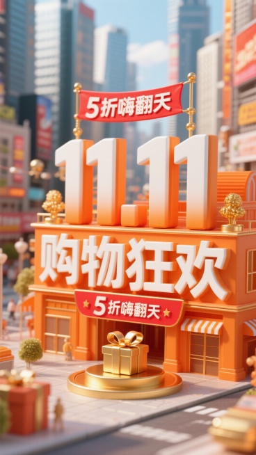 以暖橙色为主色调，前景是立体字组成的醒目建筑， “11.11购物狂欢” 立体大字（白与暖橙渐变，配金色装饰）及下方 “5 折嗨翻天” 红色横幅；中间有金色圆形装置（内有礼物）；背景是繁华都市预览效果