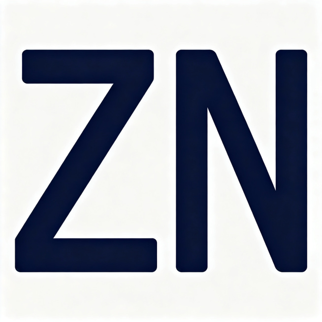 干净的纯白色背景。平面艺术字体设计，字母"ZN"，两个字母，现代无衬线黑体风格，结构平衡，笔画粗细均匀，在笔画转折处做轻微圆角处理，保持极高可识别性，深蓝色哑光质感，无描边，无多余装饰。仅包含两个字母预览效果