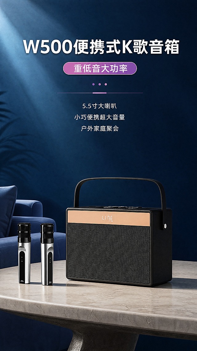 [商品] 使用【图1】闻歌W500便携式K歌音响一体机；保留黑色方形主体、香槟金色装饰条、顶部黑色提手、正面网罩、显示屏显示"LINE"字样、左侧双无线话筒（银黑配色）的完整结构、颜色、材质和比例；产品真实功能方向为正面发声、话筒配套使用。
[画面] 目标：§1硬核头图，突出产品全貌和K歌音响一体机核心定位。构图：上半部分标题区，下半部分产品展示区，产品居中偏下，占画面约55%。产品摆放在浅色质感台面上，左侧立放两支无线话筒，角度为正面微侧。背景：深蓝色渐变光影，左侧有柔和光束和沙发一角，营造轻奢家居氛围。阅读动线：从上至下，先看标题再看产品。
[视觉] 套系策略：风格=科技轻奢3D商业渲染；标题字=现代无衬线粗体大字；正文字=简洁无衬线体；主色=深蓝藏青色；背景延展=基于深蓝做深浅渐变、光束层次和细腻磨砂质感；强调色=香槟金+紫粉色，仅用于小面积标签、图标和装饰线；标题色=白色；正文色=浅灰白色；组件=圆角紫粉渐变标签胶囊、细线分隔、圆点装饰；光影=左前侧柔光+产品底部投影，产品信息面清晰。
[文字] 顶部主标题："W500便携式K歌音箱"（白色大字）；主标题下方紫粉渐变胶囊标签："重低音大功率"（白字）；标签下方3行卖点："5.5寸大喇叭"、"小巧便携超大音量"、"户外家庭聚会"（浅灰白色字）。文字均为横排，位于画面上半部分居中，不遮挡产品主体。
[规格] 图片比例9:16竖版，4K分辨率，负向提示：避免变形、错字、文字过小、产品颜色改变、结构失真、缺件、竖排文字、旋转文字、绝对化用语。
