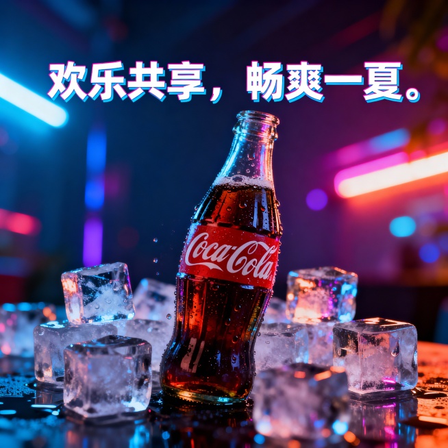 生成一张可口可乐的电商海报，写实画风，霓虹灯氛围，在可乐周围再加一些冰块，玻璃瓶上有一些冷凝水珠，标题文案为：“欢乐共享，畅爽一夏”预览效果
