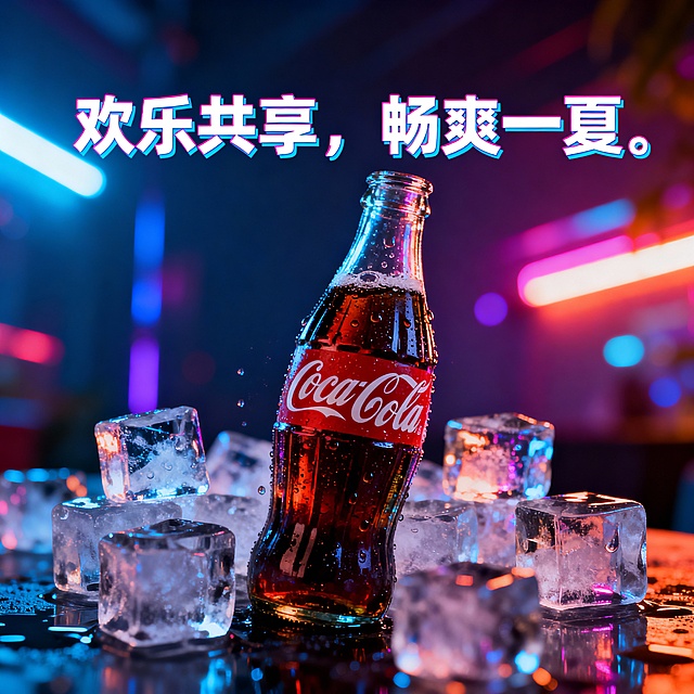 生成一张可口可乐的电商海报，写实画风，霓虹灯氛围，在可乐周围再加一些冰块，玻璃瓶上有一些冷凝水珠，标题文案为：“欢乐共享，畅爽一夏”