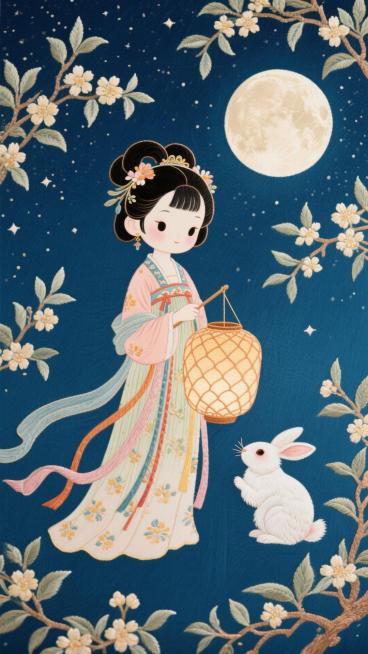 Q版古装少女身着襦裙，轻提映有玉兔剪影的镂空灯笼，身侧蜷坐玉兔互动，满月边缘晕染暖金柔光，背景深邃星空，四周金黄桂花枝，梦幻温馨喜庆氛围预览效果
