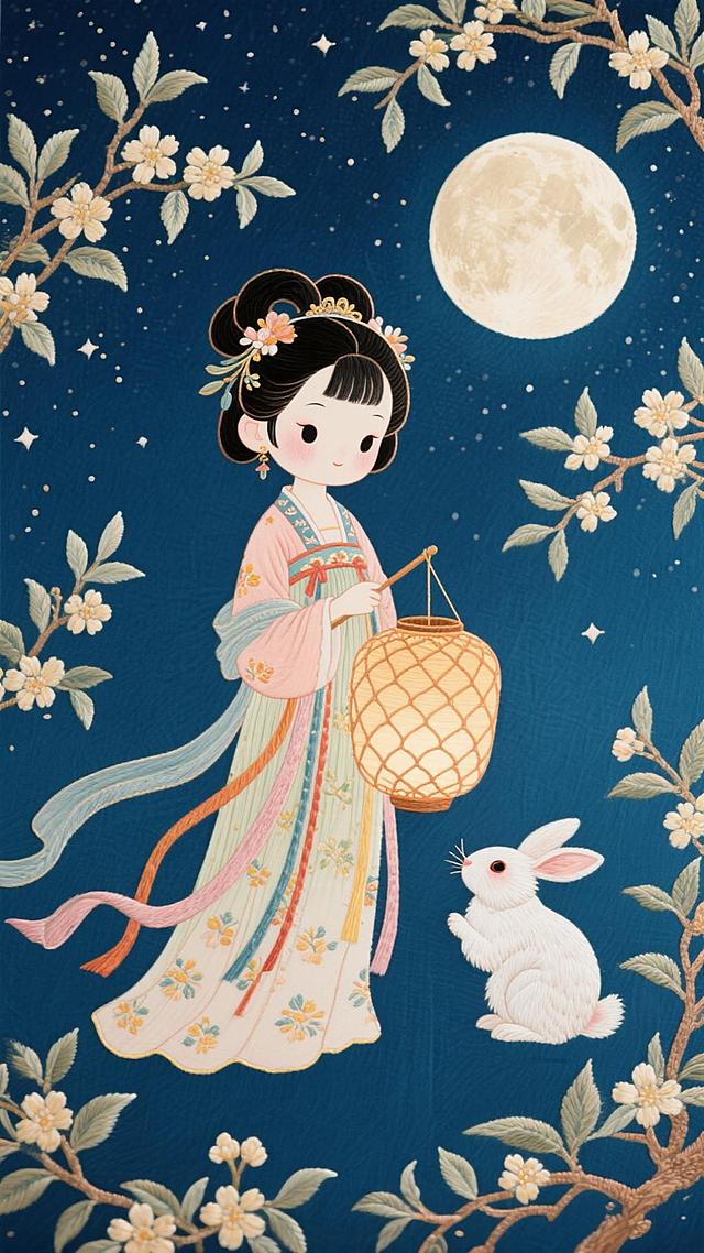 古典中式插画风，工笔与刺绣质感交融，少女执灯伴玉兔，月下花枝环绕，梦幻唯美，尽显中秋优雅与可爱。