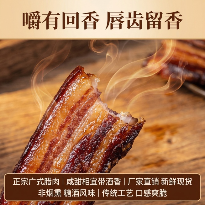 这张图片是产品主体这款产品是广式腊肉 我需要设计20张主图在拼多多上面售卖    主图场景布局可以用厨房 炒腊肉 腊肉细节等设计一个高级有食欲一些主图文案内容 正宗广式腊肉 厂家直销 新鲜现货 咸甜相预览效果