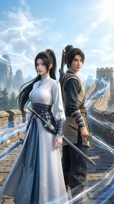 把两张图中的人物，背靠背，相互背剑而立  场景发生在剑气长城  9:16预览效果