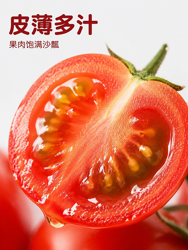 「图片1」「图片1」「图片1」「图片1」「图片1」「图片1」「图片1」「图片1」「图片1」「图片1」屏数	主标题	副标题	画面（使用你现有实拍素材）
1【焦点图】	露天千禧小番茄	自然成熟，一口爆汁	使用碗装带水珠千禧果实拍图，红果为主体，绿叶点缀，文字放在底部，不遮挡果实，生鲜氛围感强
2【卖点总起】	四大核心优势	好品质看得见	白底页面，横向排列 4 个果蔬简约图标，承接下面卖点
3【卖点 1 图标 + 文案】	自然成熟	不打催熟剂	配图：藤蔓上挂果的千禧果实拍，果实自然上色
4【卖点 2 图标 + 文案】	皮薄多汁	果肉饱满沙瓤	配图：对半切开的千禧果特写，清晰看见汁水与果籽
5【卖点 3 图标 + 文案】	现摘带蒂	锁住新鲜口感	配图：竹篮装满带青果柄的千禧果，果蒂翠绿完好
6【卖点 4 图标 + 文案】	果形均匀	精挑无畸形果	配图：竹筐内整齐红润的千禧果，大小均匀
7【商品展示图 1】	餐桌鲜果摆盘	下午茶优选	使用黑盘 + 茶具静物图，氛围感实拍
8【商品展示图 2】	整筐鲜果直发	原汁原味农家货	竹篮满满千禧果白底实拍图
9【细节特写 1】	果肉汁水实拍	果肉细腻饱满	微距实拍对半切开的果实，放大流汁果肉
10【细节特写 2】	新鲜青蒂实拍	刚采摘的鲜果	放大翠绿果柄特写，证明新鲜度
11【食用场景】	吃法丰富多样	生吃凉拌都合适	切片装盘的千禧果实拍，展示凉拌菜品
12【产地种植】	露天阳光种植	糖分积累更充足	田间藤蔓挂果实景图
13【售后保障】	贴心售后	坏果包赔	白底图文：现摘发货、透气包装、破损赔付、七天咨询
14【规格参数】	产品详细参数	信息一目了然	白底表格：品名：千禧圣女果；产地露天果园；净重：3 斤 / 5 斤；储存：冷藏保鲜；成熟度：九成熟