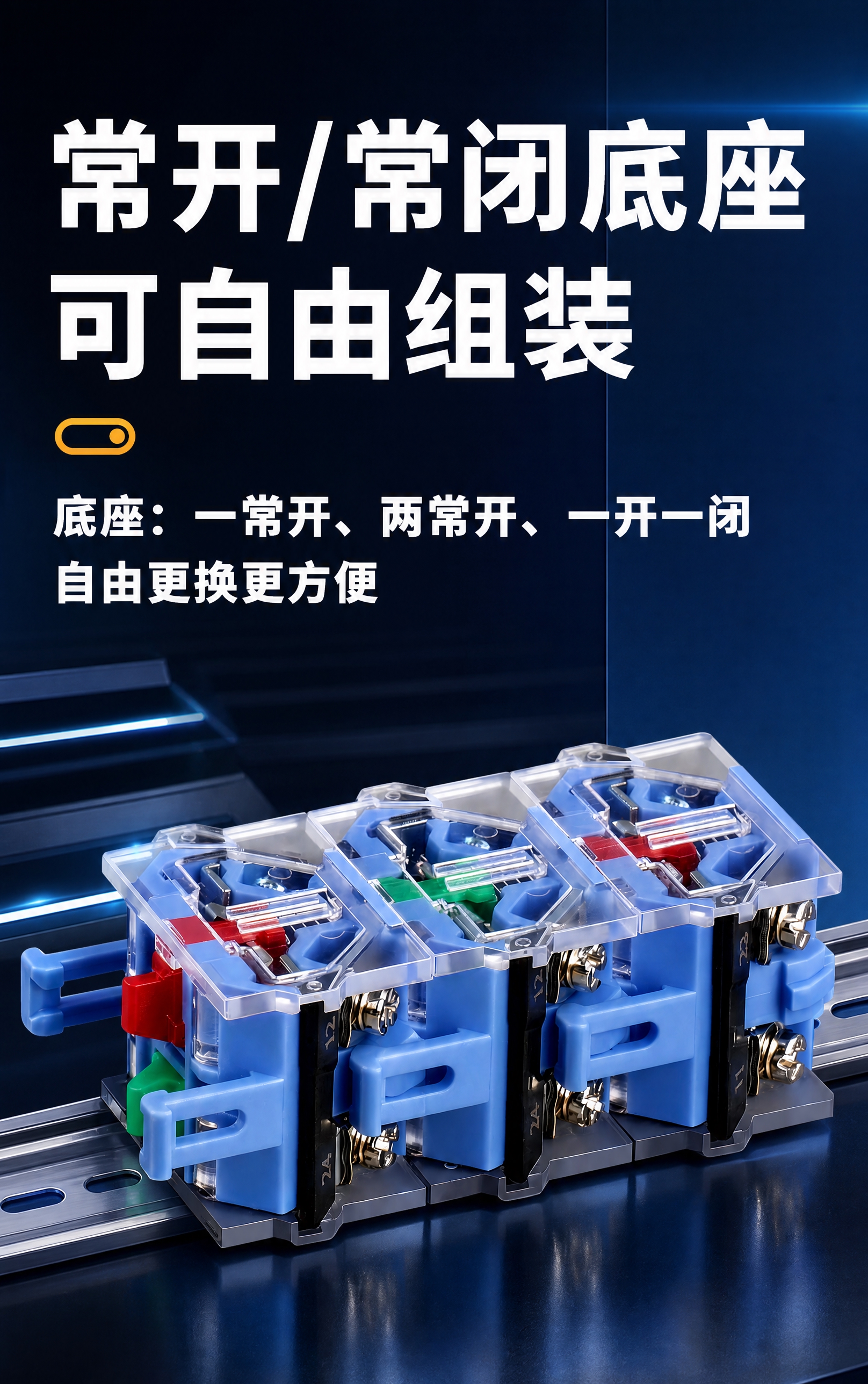 电商详情页长图，常开常闭底座自由组装卖点图，750px宽，深蓝… - 图片创意预览