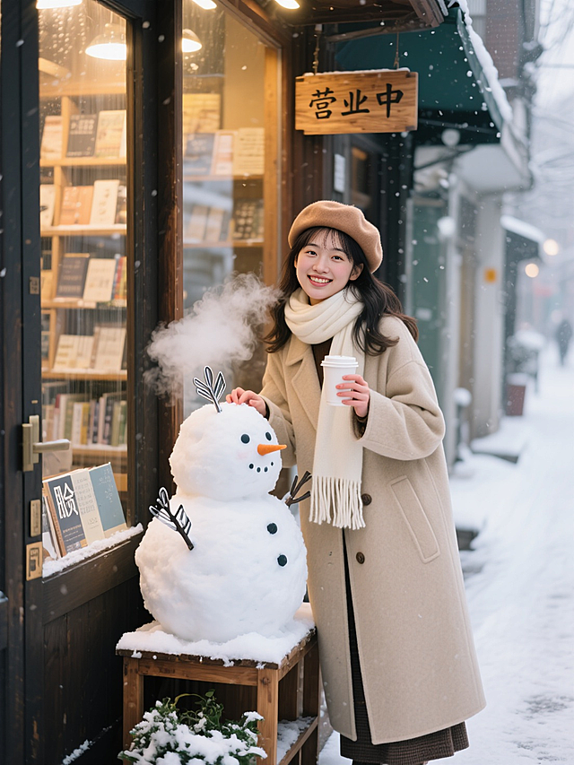 主视觉：女生穿燕麦色长款大衣，戴浅咖色贝雷帽，披米白色流苏围巾，靠在书店玻璃门旁，左手举着热饮杯，右手轻碰雪人的 “脸颊”，笑眼弯弯看镜头，呼出的白气轻飘在眼前。
场景细节：雪人放在书店门口的木质花架旁，身上别了枚金属书签当装饰；背景是暖光透出的书店橱窗、挂着 “营业中” 木牌的门楣，街道上积着薄雪，没有行人，安静又治愈。