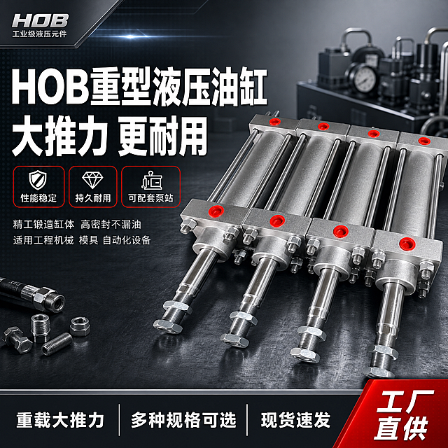 [单张主图] HOB重型液压油缸 爆款促销感主图 五金器械工业风 淘宝天猫1:1主图
[画面主体] 画面右侧及中部展示4根并排的HOB重型液压油缸，呈45°斜侧视角，缸体为银灰色金属质感，红色油口醒目，活塞杆光亮镀铬，螺栓与拉杆结构清晰完整。保持油缸外观（物理结构、材质质感、颜色、红色油口、拉杆螺栓细节）与输入产品图绝对一致，杜绝任何变形和色差，精细化处理金属高光与拉丝纹理。商品主体占画面约60%，完整不裁切。
[构图版式] 采用「左文右品标签参数型」爆款版式。左侧35%-40%区域为文案信息区，右侧及中部为产品主体区；顶部留品牌位，中部主标题+核心卖点，底部通栏信息条收口，整体满版高信息密度，层级清晰。
[场景元素] 背景为冷灰色工业风渐变背景，带细微金属网格纹理与科技感光效线条；产品下方为深灰色工业台面，台面有轻微反光与产品投影；背景远处虚化呈现液压泵站轮廓剪影，强化配套场景感；左上角放置工业风品牌标区域；画面点缀少量金属螺丝、液压油管接头等工业小元素作装饰，不抢主体。
[文案版式] 左上品牌位小字：「工业级液压元件」；主标题两行超大粗黑体：「HOB重型液压油缸」「大推力 更耐用」，主标题为画面最大字号，白色粗体无衬线，左侧对齐；主标题下方3组卖点胶囊，每组图标+短句，横向排列：「性能稳定」「持久耐用」「可配套泵站」；主标题下方再补充2行细字说明：「精工锻造缸体 高密封不漏油」「适用工程机械 模具 自动化设备」；底部通栏深灰底白字，分三格：左格「重载大推力」、中格「多种规格可选」、右格「现货速发」；右下角红色角标：「工厂直供」。所有文字清晰可读，不遮挡油缸主体关键结构。
[光影质感] 主光从左上方45°入射，冷白色硬光突出金属质感与缸体轮廓高光；右侧辅光柔化暗部，保留金属拉丝纹理与活塞杆镀铬反光；台面投影自然真实，背景光效营造科技工业氛围；整体光影硬朗干净，金属材质表现真实，无廉价HDR。
[配色字体] 主色冷灰+银白金属色；强调色为产品红色油口提取的工业红，用于角标与重点点缀；字体为粗黑无衬线工业风，主标题字重最大，卖点胶囊中等字号，底部通栏小字，层级分明。
[比例分辨率] 1:1比例，2K超高清，文字清晰锐利，商业摄影质感。
[负向提示词] 变形，文字错乱，产品模糊，背景杂乱，水印，电商平台Logo，多余的手，畸形结构，油缸变形，色差严重，边缘硬切，悬浮感。