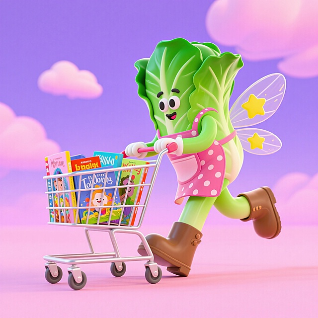 梦幻粉紫天空下，拟人化卷心菜精灵推着购物车奔跑，软3D卡通风格，萌趣可爱，童书满载，塑料质感细腻，双11节日氛围童真浪漫。