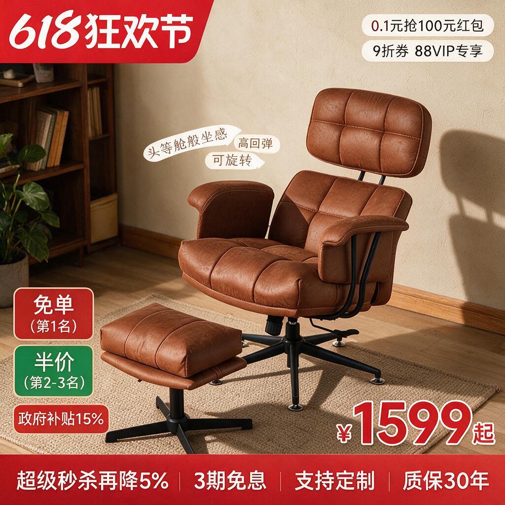 图生图模式：基于提供的焦糖色舒适休闲椅产品图，生成1:1方形淘… - 图片创意预览