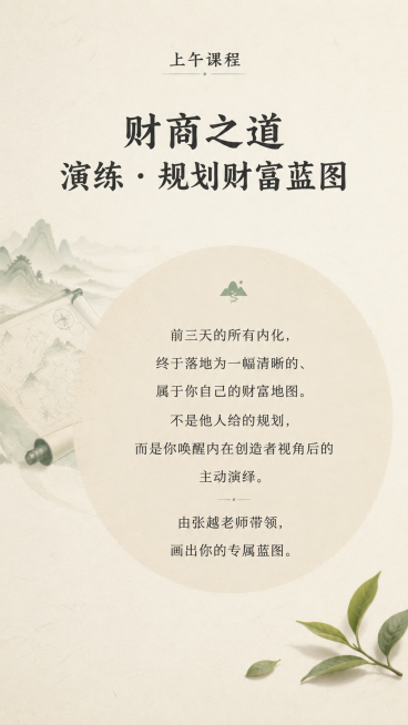 [第4屏] 核心主题「财商之道：演练•规划财富蓝图」深度解析
[氛围/风格] 禅意风，创造显化氛围感，东方极简留白风格，低饱和度暖调，延续前三阶统一风格
[元素布局] 顶部为课程主题标题，中部为核心内预览效果