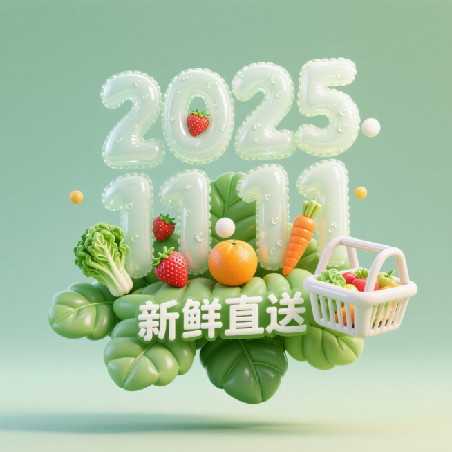 充气膨胀 “2025.11.11” 艺术字，采用半透明充气材质，内部模拟生鲜水珠光泽，数字间隙夹着迷你充气水果（草莓、橙子）与充气蔬菜（生菜、胡萝卜）模型。背景为淡绿色，底部用充气叶子拼接出 “新鲜直预览效果