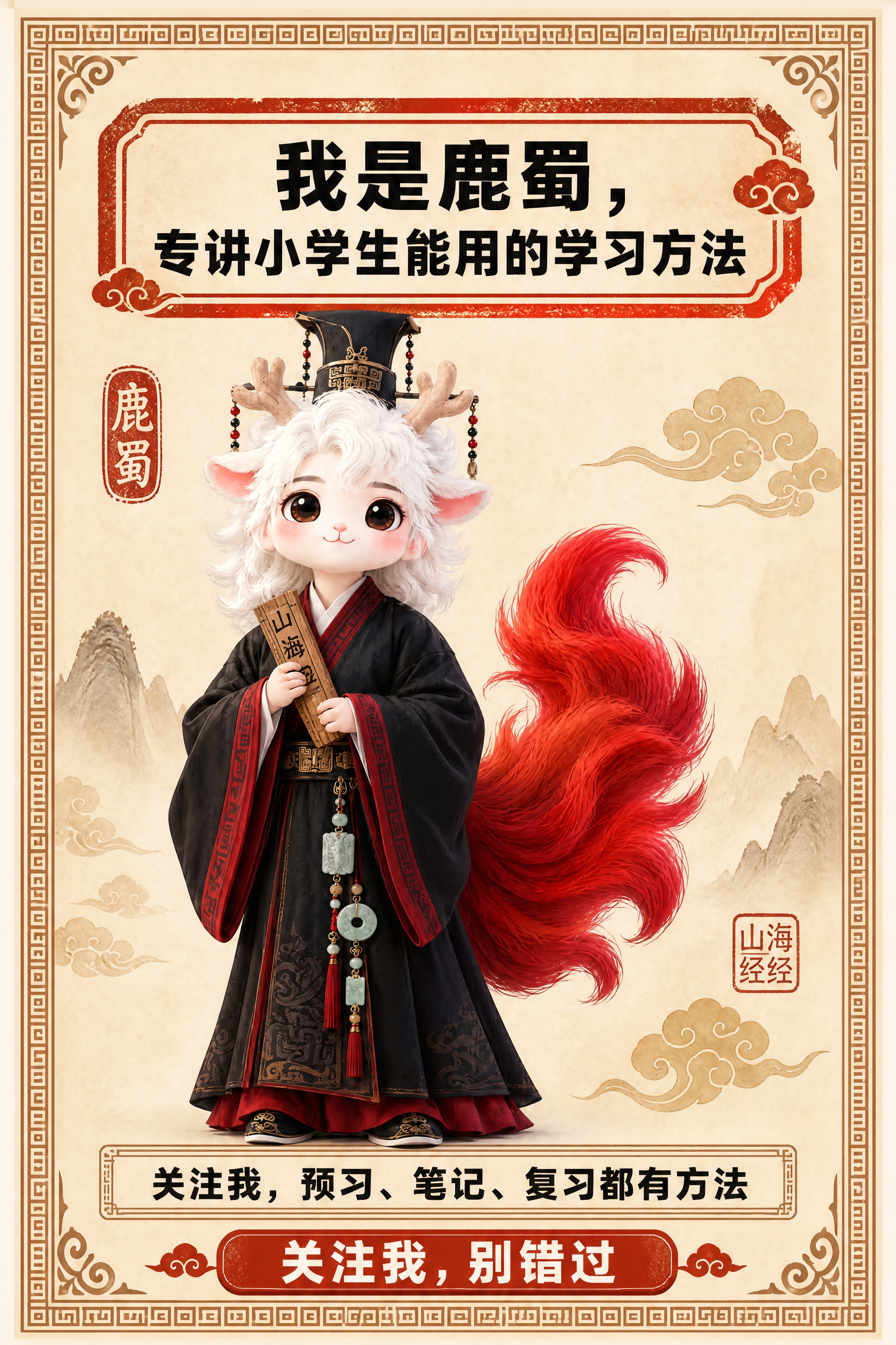 小红书笔记结尾页，统一模板，国风山海经风格，米黄色宣纸纹理背景… - 图片创意预览