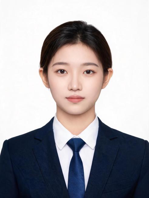 亚洲年轻女生，年龄20到30岁左右，正面免冠标准商务证件照，胸部以上胸像构图，人物居中端正，双肩平齐，平视镜头，表情自然平和，露出双耳与眉毛。身穿剪裁合身的藏青色正装西装外套，内搭挺括纯白色正装衬衫，预览效果