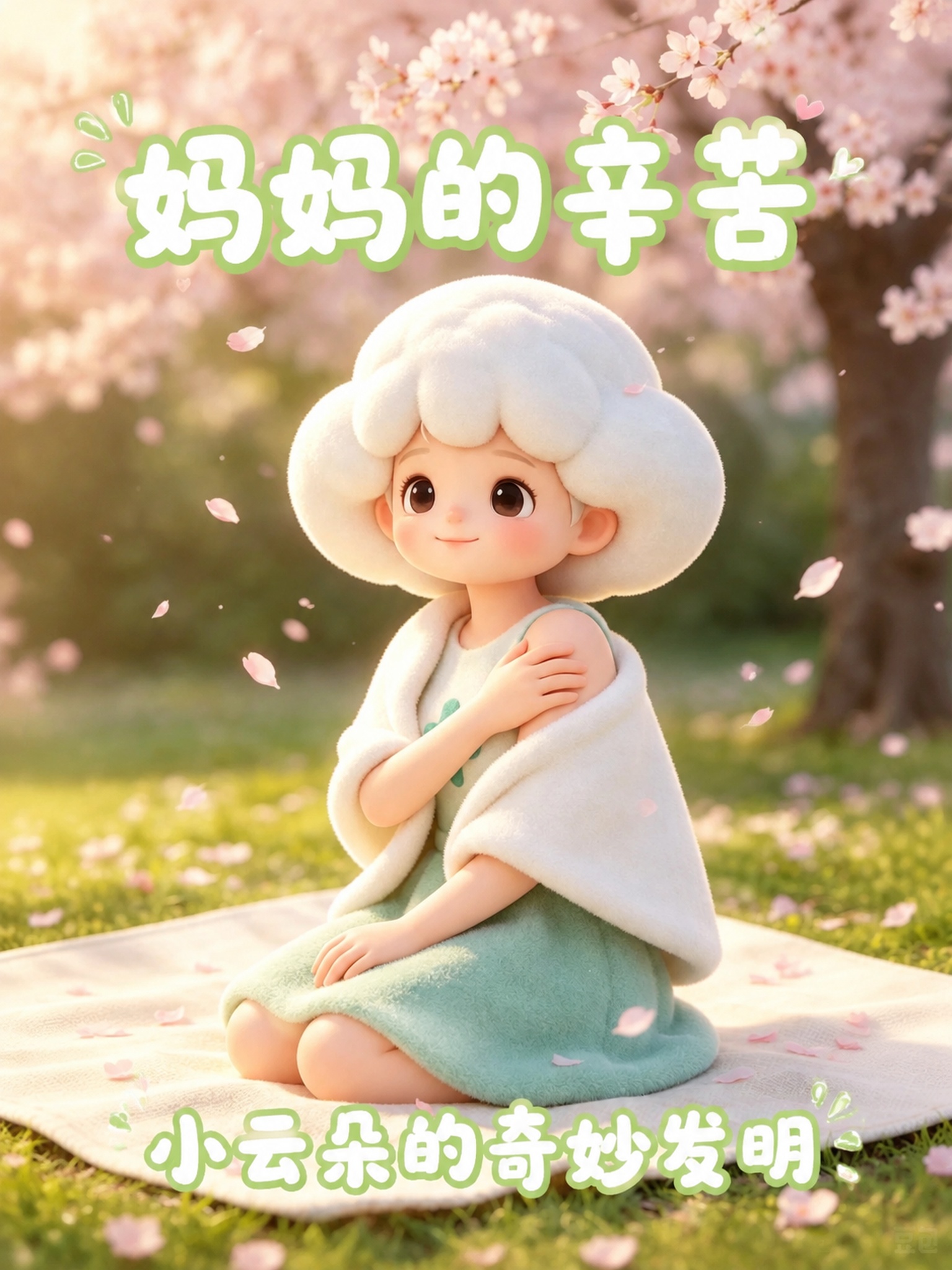在这张樱花树下小云朵女孩的图片上添加文字排版，保持原图所有元素… - 图片创意预览
