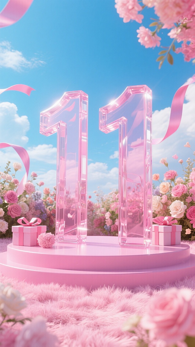 梦幻粉色玻璃风“11”数字立于花海，3D轻拟物设计，搭配柔美丝带与礼盒，营造甜蜜清新节日氛围。