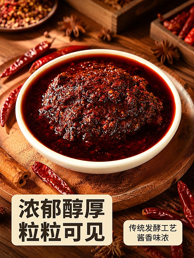 [第4屏] 详情页质地特写屏-浓稠酱料真实质感展示，本屏使用【图4】作为主体展示。
[氛围/风格] 微距特写，浓郁红油质感，高清晰商业美食摄影，食欲拉满。
[元素布局] 盛放在白碗中的酱料占据画面中心70%面积，清晰展示酱料颗粒感和红油光泽，周围散落整颗辣椒、肉桂、八角作为搭配背景；木质纹理背景衬托主体，酱料质地与实拍一致。
[光影质感] 顶光柔光突出酱料油润光泽，红油透亮，颗粒纹理清晰，阴影自然柔和。
[配色色系] 全局底色 #603813，主色酱料深红棕，对比白色碗，点缀辣椒鲜红色。
[视角构图] 45度斜俯拍，中心聚焦酱料，景深突出主体。
[文字版式] 左下角主标题「浓郁醇厚 粒粒可见」，右下角小字「传统发酵工艺 酱香味浓」，黑色圆角字体，清晰不遮挡酱料主体。
[比例分辨率] 3:4 竖版比例，4K分辨率，文字清晰可辨，高清画质。
[负向提示词] 酱料质地失真，颜色发暗，颗粒模糊，文字遮挡主体。