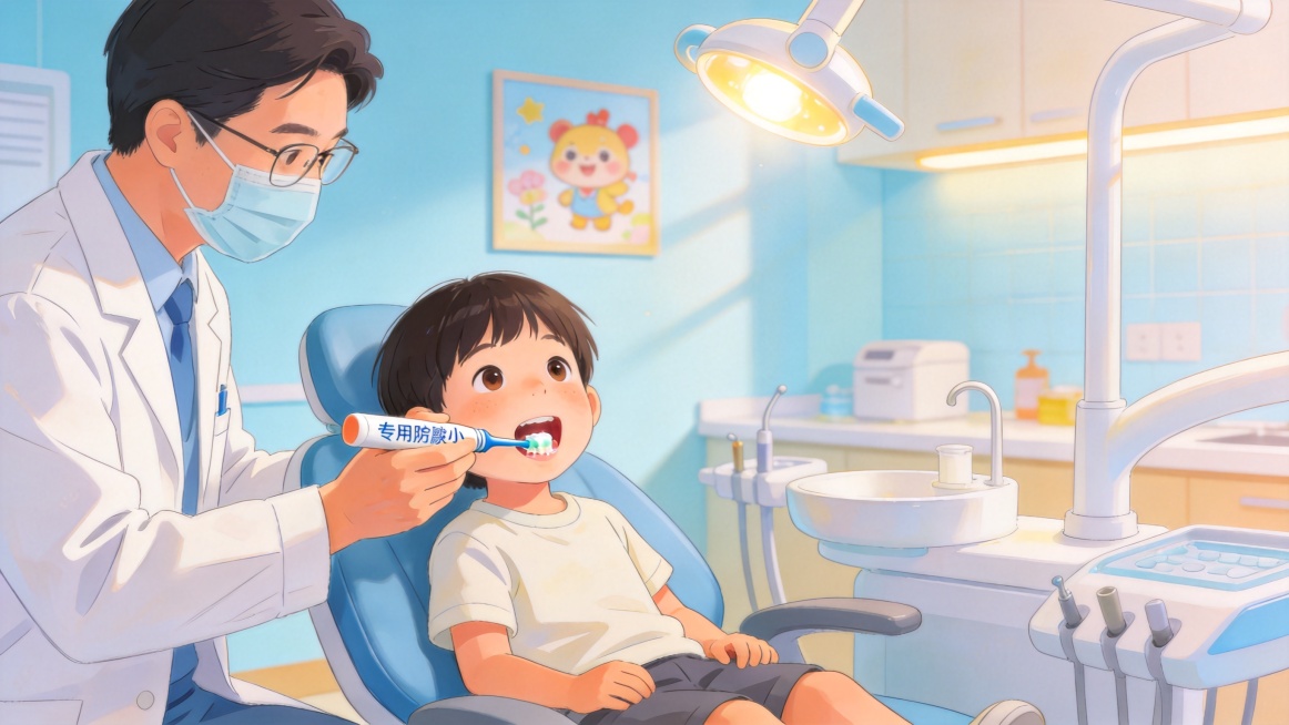 口腔医疗场景图，一位口腔医生正在为小朋友牙齿涂抹氟保护剂，孩子轻松配合，医生手持专业涂氟小毛刷，诊室背景明亮温馨，医疗氛围轻松舒适预览效果