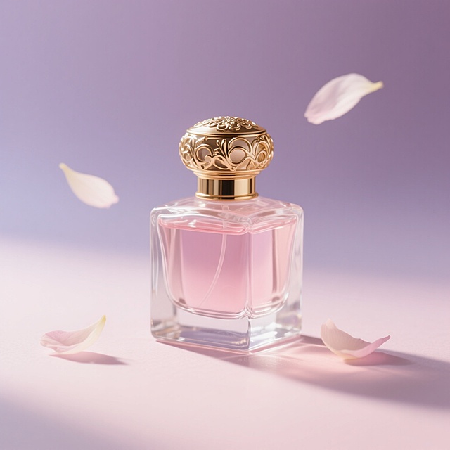 一个精致的香水瓶，瓶身透明，里面装着淡粉色的香水液体，瓶盖是金色的，带有精致的花纹，瓶身周围有几片飘落的花瓣，背景是柔和的淡紫色，整体画面优雅浪漫，光线柔和，细节清晰