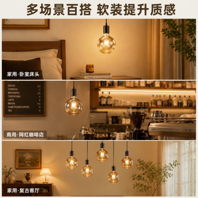 「图片1」，生成电商主图（5张），商品名称是茶色灯泡，卖点是琥珀茶色透光玻璃，复古灯丝 LED 光源，适配京东平台，主图比例为1:1（一）复古琥珀玻璃，氛围感拉满
高透琥珀茶色玻壳，柔光过滤刺眼白光，预览效果