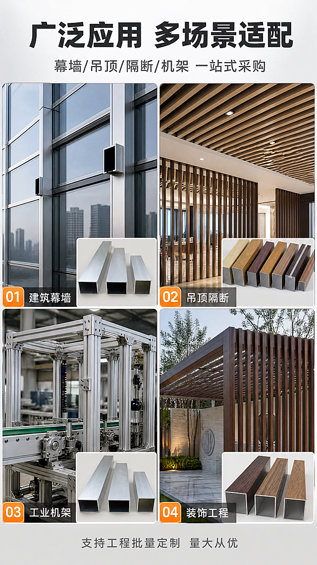[商品] 使用【图1】原色铝方管、【图3】木纹色铝方管产品图；保留铝方管的结构、颜色、材质；商品处理：去除原图促销条，将管材融入各应用场景中，保持管材真实结构与比例，不做变形。
[画面] 页面目标：应用场景适配，展示铝方管的工程用途。构图：2×2四宫格场景拼图，每格一个应用场景+铝方管使用示意；顶部标题区（占15%），四宫格占75%，底部小字说明（占10%）。四个场景：①建筑幕墙框架 ②室内吊顶隔断 ③工业设备机架 ④户外装饰工程。阅读动线：顶部标题→四宫格从左上到右下→底部说明。
[视觉] 套系策略：风格=工业五金建材商业摄影风，硬朗专业；标题字=粗黑无衬线工业字体，厚重有力；正文字=简洁无衬线体，清晰易读；主色=工业蓝+金属银灰；背景延展=浅灰底，四宫格各场景独立呈现，格间有细灰线分割；强调色=活力橙，仅用于场景编号、小标签；标题色=深炭灰；正文色=中灰/白色；组件=场景编号标签、场景名称条；光影=各场景自然光影，铝方管在场景中光影融合自然。
[文字] 主标题：广泛应用 多场景适配（8字，顶部居中，深灰粗体）；副标题：幕墙/吊顶/隔断/机架 一站式采购（14字，主标题下方，中灰色）；四宫格每格底部场景名称条：①建筑幕墙 ②吊顶隔断 ③工业机架 ④装饰工程（各4字，半透明黑底白字）；底部小字：支持工程批量定制 量大从优（10字，中灰色）。
[规格] 图片比例9:16竖版，分辨率4K，负向提示：避免变形、错字、文字过小、管材结构失真、场景融合不自然、竖排文字。