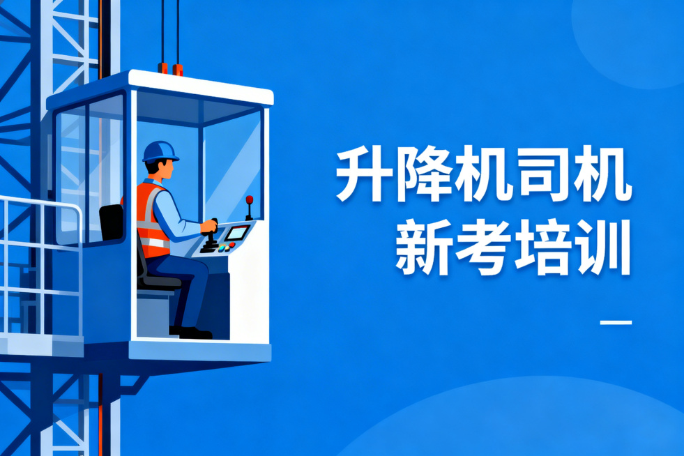 升降机司机新考培训宣传图，与之前的工种培训图风格统一，蓝色商务简约风，左侧是升降机司机在施工升降机驾驶室操作的写实场景插画，右侧醒目显示文字'升降机司机 新考培训'，整体清晰专业预览效果