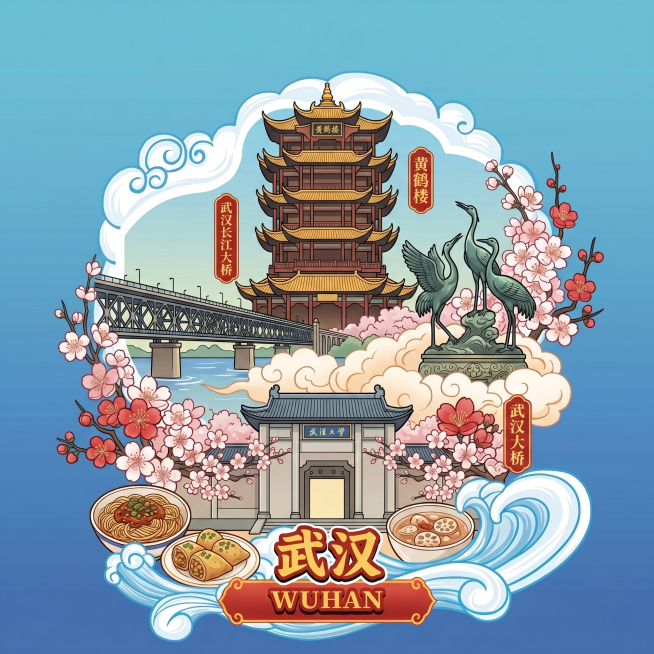 参考参考图片的国潮插画风格，重新生成相同构图的城市地标插画，展现武汉城市文化特色，包含黄鹤楼、武汉长江大桥、武汉大学樱花，搭配梅花和热干面，底部添加文字'武汉' 'WUHAN'预览效果