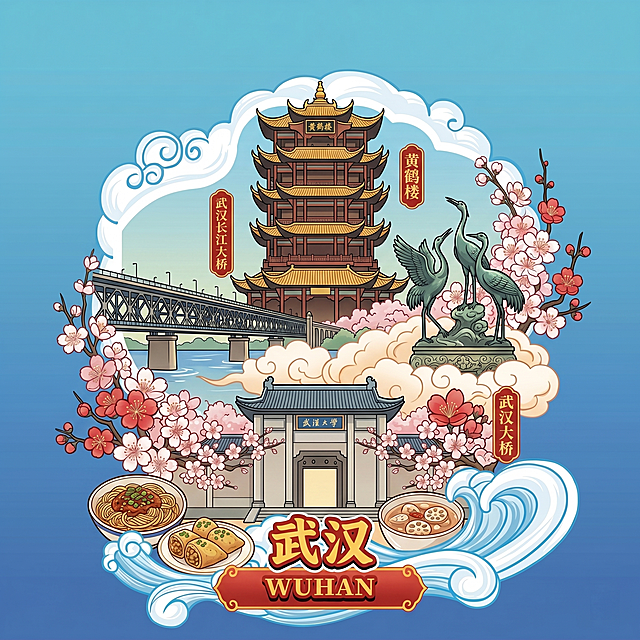 参考参考图片的国潮插画风格，重新生成相同构图的城市地标插画，展现武汉城市文化特色，包含黄鹤楼、武汉长江大桥、武汉大学樱花，搭配梅花和热干面，底部添加文字'武汉' 'WUHAN'