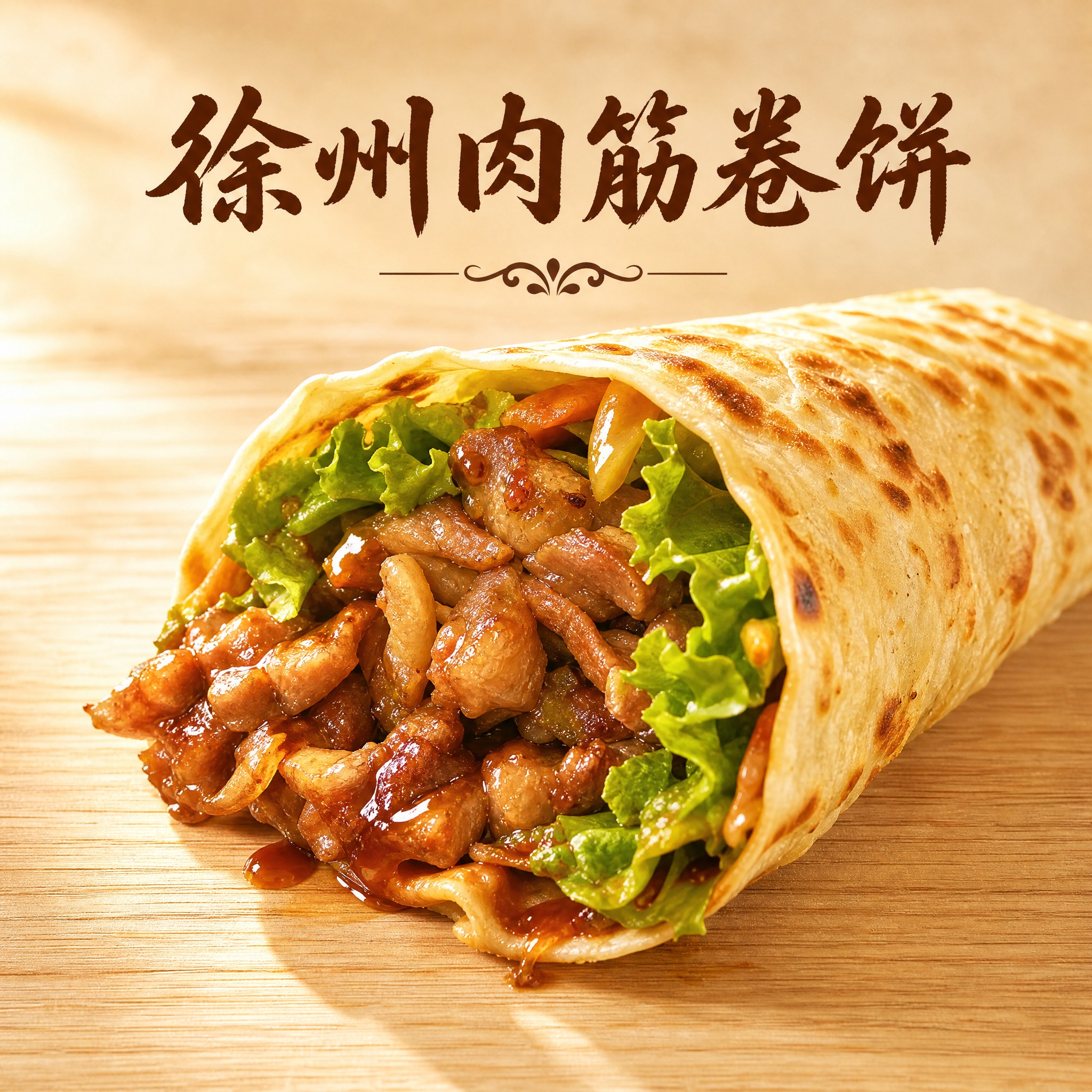 写实美食摄影风格的品牌头像，画面主体是一只刚做好的徐州肉筋卷饼… - 图片创意预览