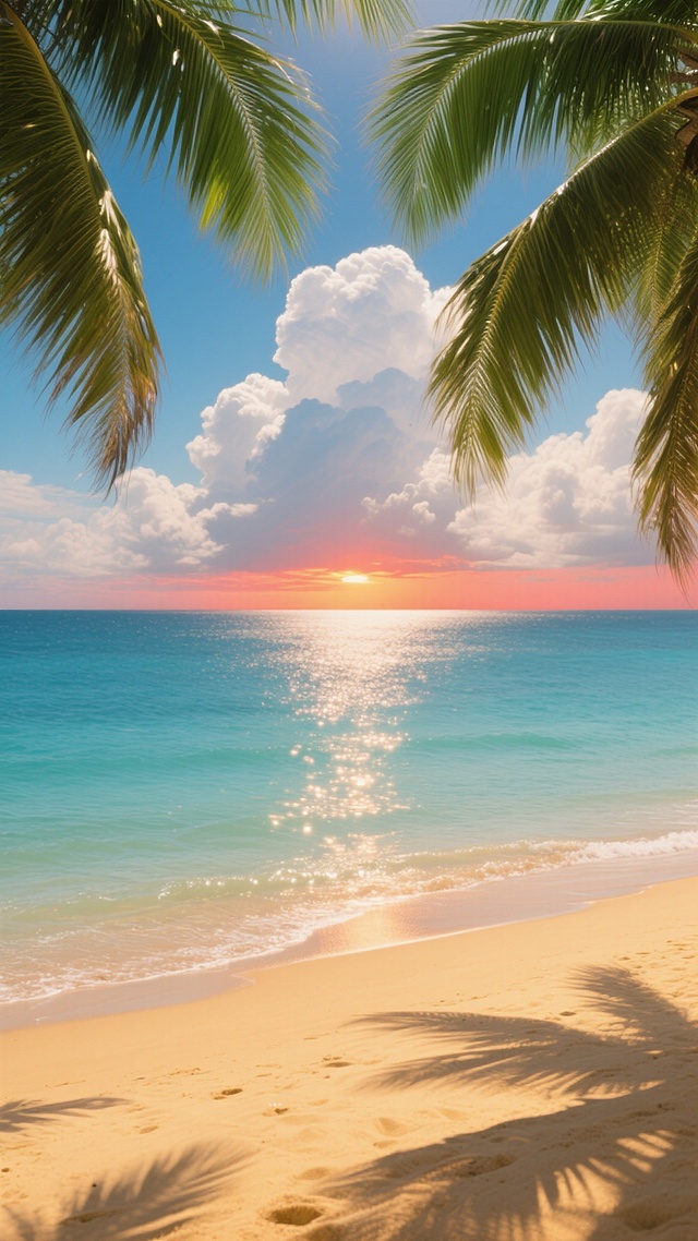 高清写实风格的海滩风景，视角为从沙滩斜向上仰望，画面上方两侧垂落着翠绿的椰子树叶形成自然边框，近处是细腻柔软的金黄色沙滩，海水呈现由浅至深的渐变蓝，从清澈的浅滩过渡到深邃的海洋，海天相接处漂浮着大片洁白蓬松的积云，光影改为日落时分的暖色调，夕阳的金红色光芒洒在海面上形成粼粼波光，沙滩上投下长长的棕榈树影子，整体氛围温暖宁静，充满热带度假风情。