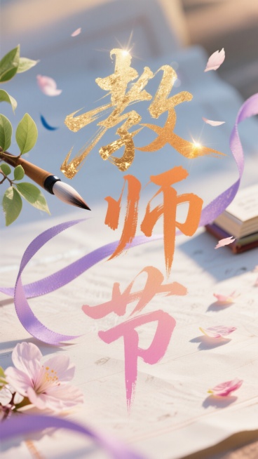 以 “教师节” 三个字为核心设计字体，风格为洒脱且富有韵味的创意手写体，笔画粗细变化自然，像是用毛笔饱蘸颜料书写而成。“教” 字的左边部分用淡绿色渲染，仿佛是生机盎然的枝叶，右边用暖橙色填充，寓意着知预览效果