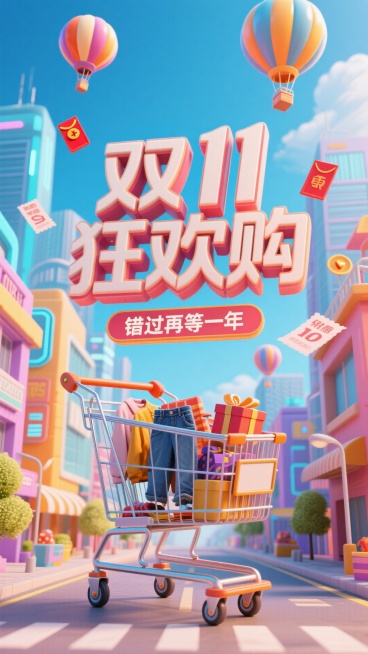 上方文字 “双11狂欢购”。下面小字“错过再等一年”。中间是充满未来感的城市街景，漂浮着热气球，红包，优惠券等元素。中间悬浮着一个购物车主要视觉中心，购物车里有如衣服，裤子、购物车、礼盒等。有冲击力。预览效果