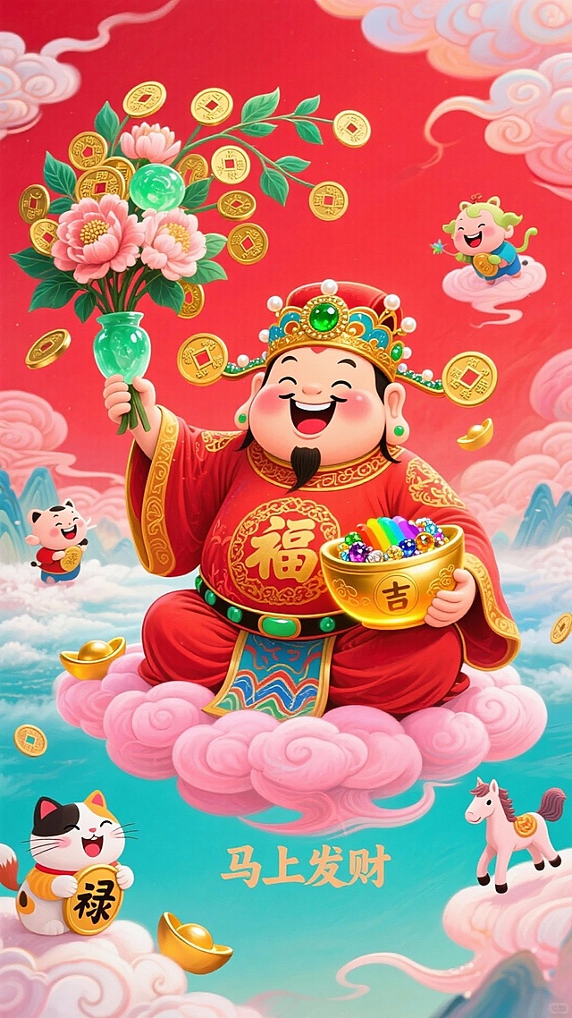 画面采用喜庆正红底色，主体是Q版胖萌财神（身着红金刺绣福纹吉服，头戴嵌有翡翠与珍珠的元宝冠，笑容可掬），盘腿坐于悬浮的粉色祥云软座上；财神左手高举巨型“铜钱花束”（花枝为碧玉雕成，花朵为旋转的金色古钱币，伴有翡翠叶点缀），右手怀抱发光聚宝盆，盆中溢出彩虹色珠宝与带“吉”“禄”篆字的福币；四周漂浮着卡通小财神、摇头晃脑的招财猫与咧嘴笑的元宝精灵和卡通小马。画面最下方有文字“马上发财”。
