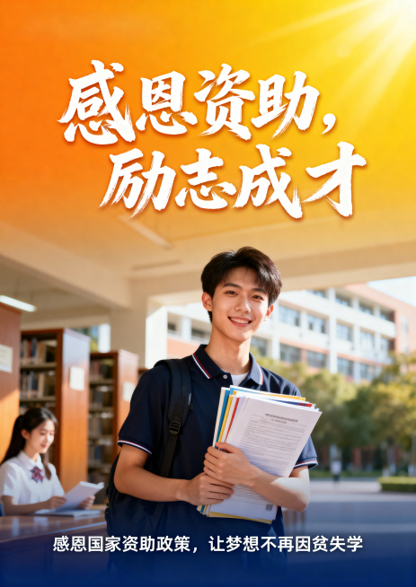 一张以“资助暖人心，感恩伴成长”为主题的感恩励志教育电子海报，A3尺寸竖版。背景采用温暖的渐变色，从底部的深蓝色渐变到顶部的明亮橙黄色。画面中央偏下位置，一名自信阳光的男女大学生手捧一沓资料或书本，背预览效果